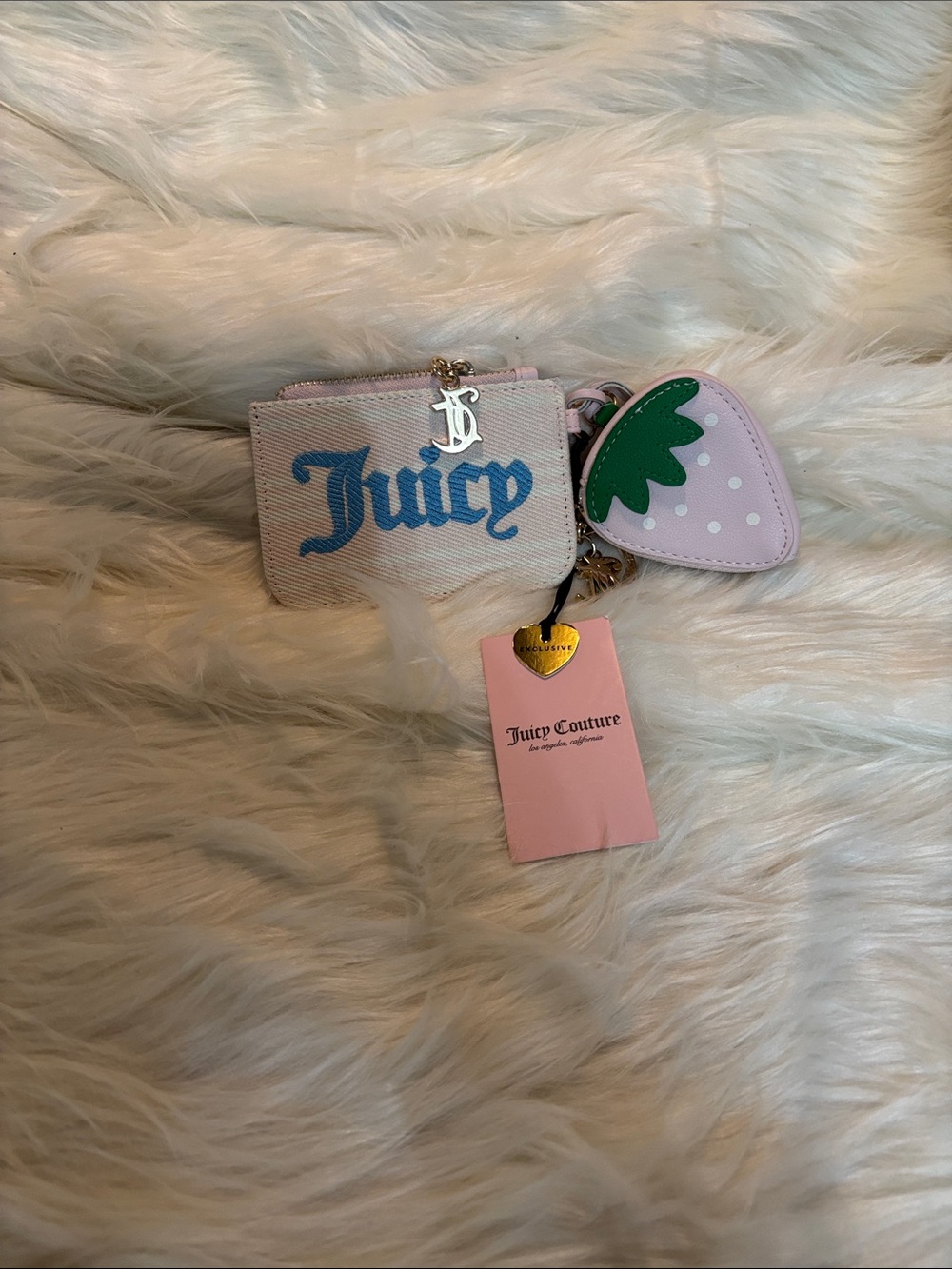 Juicy Couture Pink Card Holder with Strawberry Charm and Blue Logo